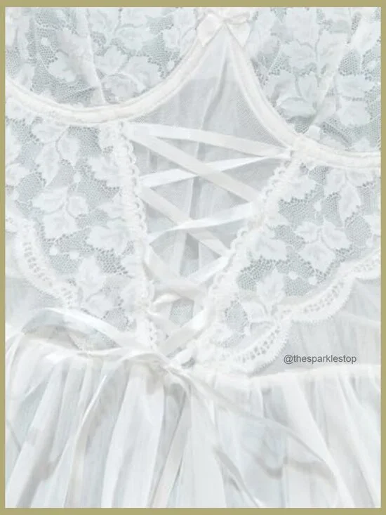 Mesh Lace Babydoll Lingerie Dress Set with Garter Belt and Thong - Picture 4 of 7